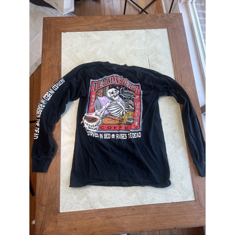 Vtg 90s Ray Troll Raven's Brew Coffee Deadman's Reach black Long Sleeve Medium